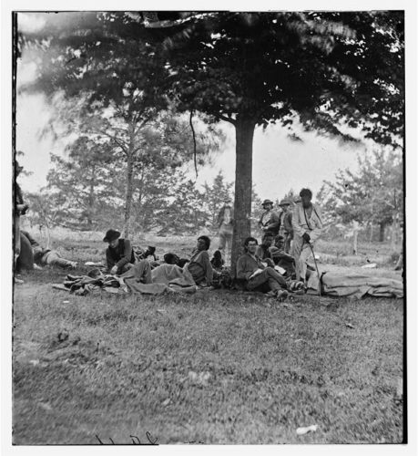 This is one of the few photos that exists of Native American soldiers from the civil war exist. These are wounded men after the Battle of the Wilderness (Fredericksburg, Virginia. Wounded Indians from the Wilderness on Marye's Heights. United States, 1864. [or 20] Photograph. https://www.loc.gov/item/2018670667/.)